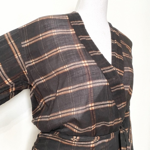 ISABEL MARANT ETOILE MUTED BLACK RED WHITE PLAID FAUX WRAP LONG SLEEVE DRESS - Picture 4 of 8